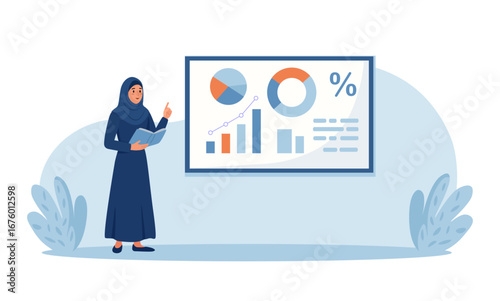 Muslim businesswoman giving business presentation. Arabian lady presenting data. Financial literacy course. Arabic trainer talking about personal budgeting. Calculation of income and expenses