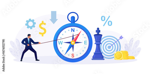 Businessman pulling arrow of compass to win the market. Business finance development and investment strategy. Leadership or visionary. Make decision for business direction. Future planning