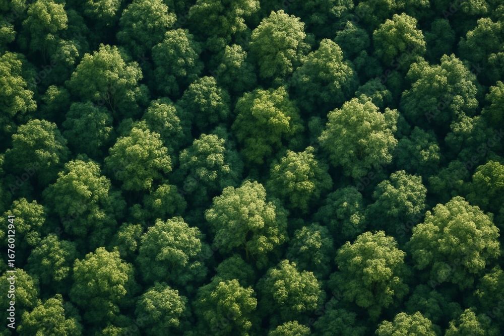 Naklejka premium Lush green forest canopy from aerial view under soft sunlight creating abstract natural background and peaceful environment feel. Ai generative