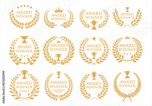 Gold award badges with laurel wreaths, five stars, crowns and trophies symbols. Golden award winner emblems 