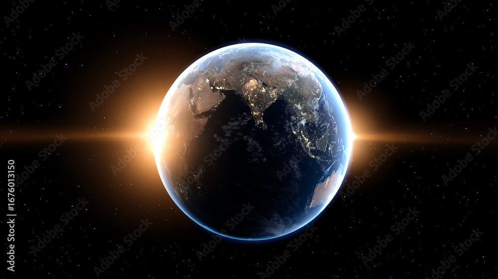 Obraz premium A stunning view of Earth from space, showcasing the vibrant colors and patterns of the continents and oceans with a glowing sunrise.