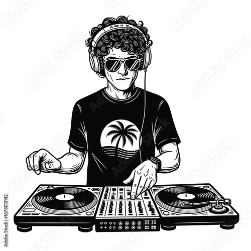 Young man wearing headphones and sunglasses djs with turntables