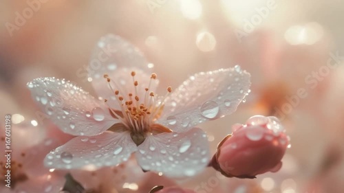 Explore the enchanting beauty of cherry blossoms. This serene video captures close-ups of delicate flowers glistening in soft light. Perfect for relaxation and inspiration. AI