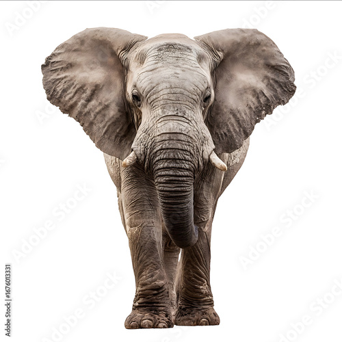 Photograph of an African elephant standing and looking at the camera isolated against a white background