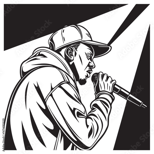 Rapper performing with microphone isolated on white background