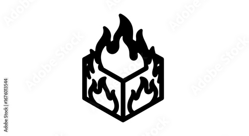 A simple black line art icon of a cube on fire, a symbol of flammability and danger.
