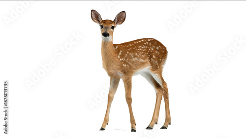 A whitetailed deer fawn standing on a white background a fullbody shot in a photorealistic style