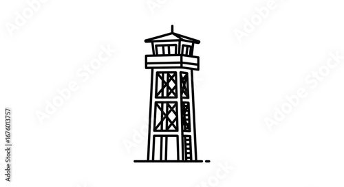 Minimalist line art watchtower icon with black outline.