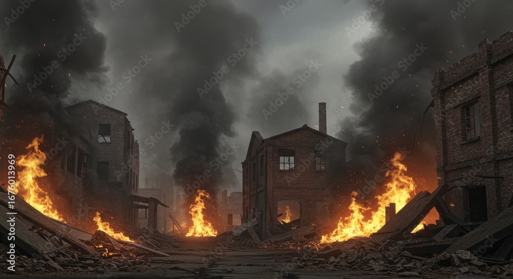 Obraz premium War-Torn City in Flames