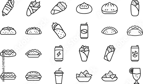 Fast Food and Drink Line Art Icons Set, Outline Vector of Burger, Sandwich, Taco, Wrap, Soda, Juice, Snacks, Restaurant, Cafe, Delivery and Menu Illustration Collection