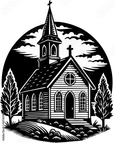 Serene Black and White Church Landscape Art