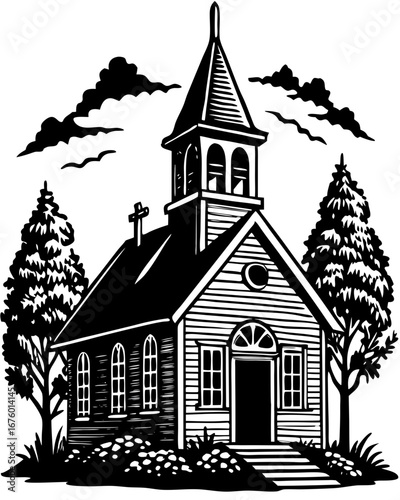 Serene Black and White Church Landscape Art