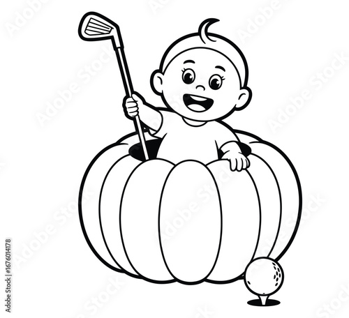 Baby golfer popping out of pumpkin holding mini golf club isolated black and white vector