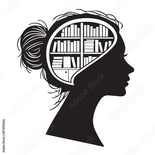 Silhouette of a womans head with a library inside isolated on white background