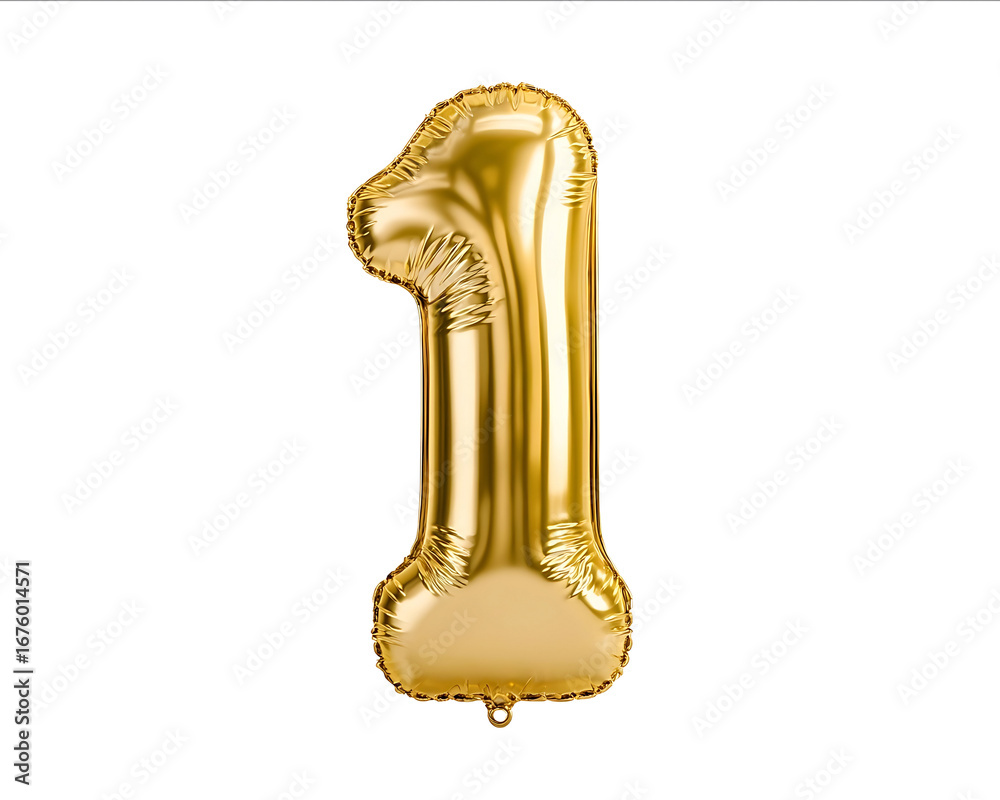 Fototapeta premium A golden number 1 balloon isolated on a white background in the front view