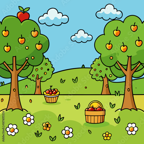Charming orchard scene with ripe apples in baskets and buzzing bees on a sunny day