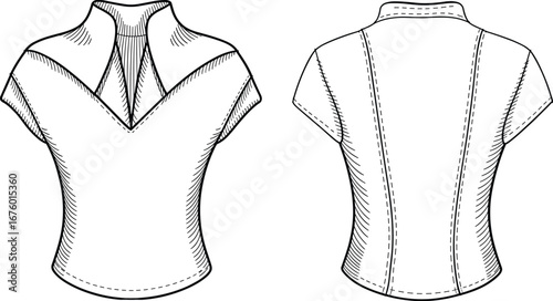 Fashion flat sketch of women’s blouse top with pleated neckline, cap sleeves, and fitted silhouette, vector technical CAD drawing