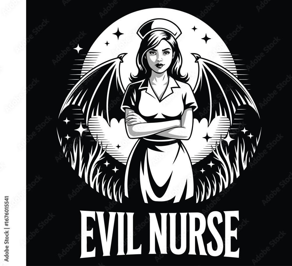 Obraz premium Evil nurse with bat wings standing under full moon in black and white isolated horror vector t-shirt design illustration