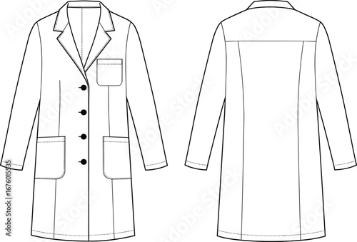 Flat fashion sketch of long sleeve coat with button front, notched collar, patch pockets, technical CAD drawing, vector illustration