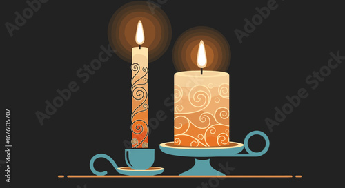 Elegant illuminated candles glow with warm ambiance and decorative swirls on dark background