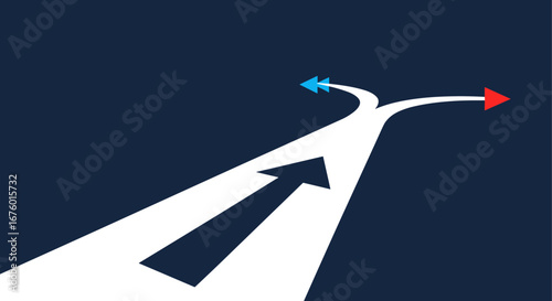 Two paths diverge showing different directions for progress and decision making opportunities