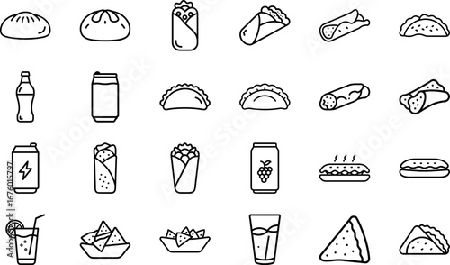 Fast Food and Drink Line Art Icons Set, Outline Vector of Burger, Sandwich, Taco, Wrap, Soda, Juice, Snacks, Restaurant, Cafe, Delivery and Menu Illustration Collection