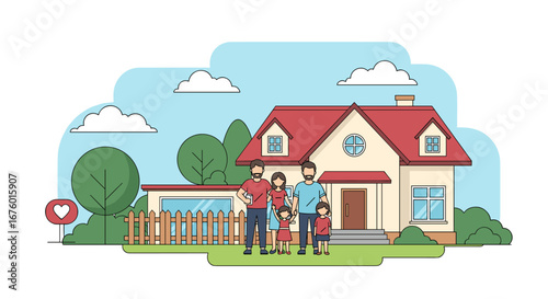 Happy family standing in front of their beautiful new home surrounded by nature and a sunny sky