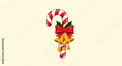 Festive christmas candy cane decorated with holly bells and a red bow for holiday celebrations