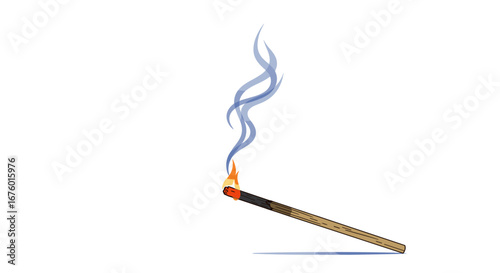 A close-up view of a lit wooden matchstick with flaming head and wisps of smoke ascending skyward against a white background