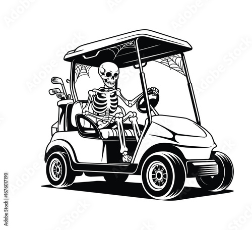 Haunted golf cart with skeleton driver and cobwebs isolated white background vector
