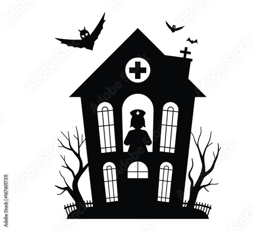 Haunted hospital silhouette with ghost nurse inside window in black and white isolated horror vector illustration