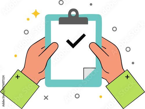 Hands holding clipboard with document and checkmark complete