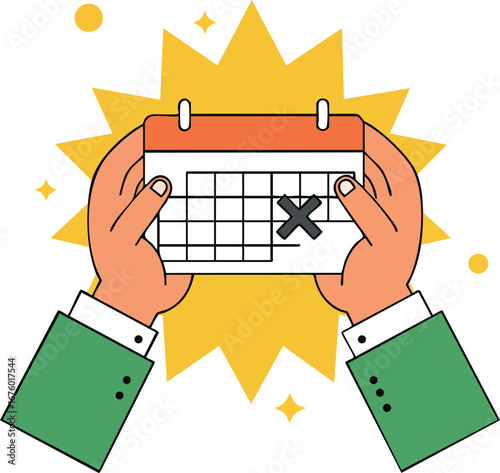 Hands holding calendar with marked "X" for cancelled date