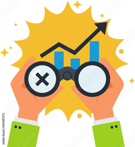 Hands looking through binoculars at growing bar chart