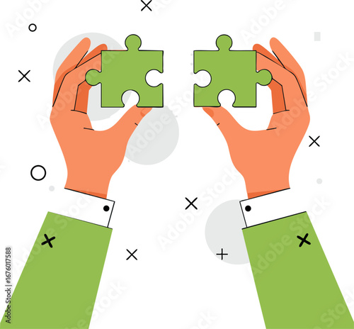 Hands holding two separate puzzle pieces for problem solving