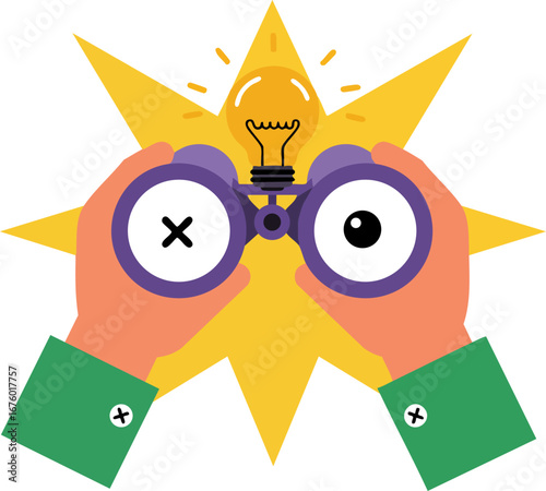 Hands with binoculars viewing lightbulb for failed idea