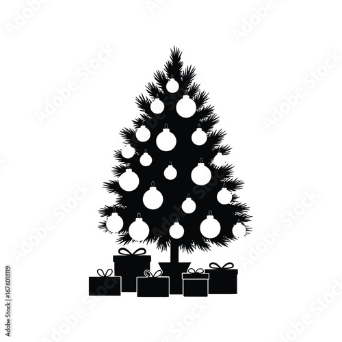 Black silhouette of a decorated christmas tree with presents