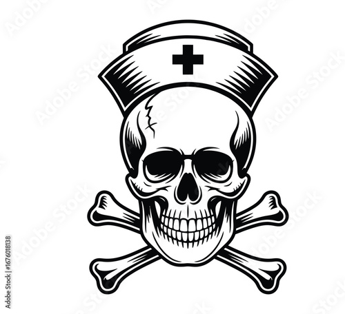 Nurse cap on skull with crossbones isolated black and white vector T-shirt design