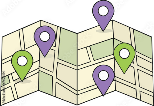 Folded map with location pins travel destination planning