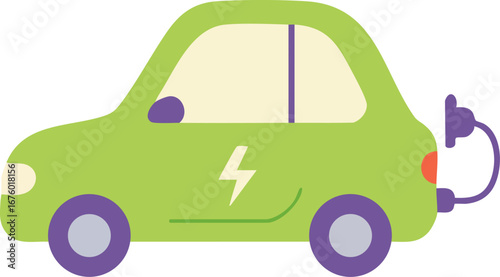 Green electric car with charging cable eco friendly vehicle