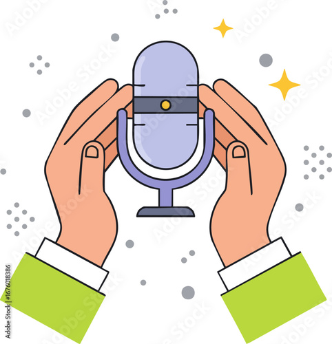 Hands holding a vintage microphone for recording or broadcasting