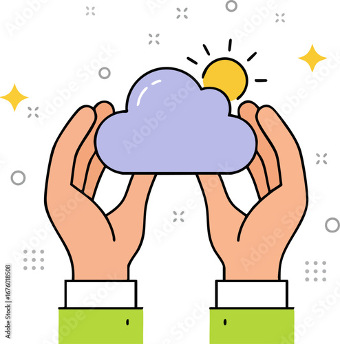Hands Holding Cloud and Sun Symbolizing Weather Forecast or Climate
