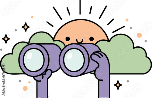 Observing Nature Binoculars with Sun and Clouds Icon Vector