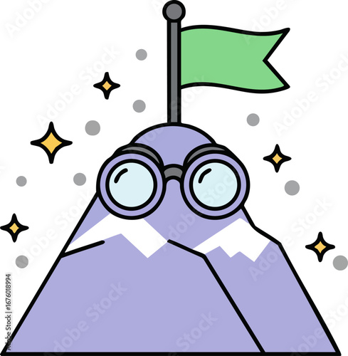 Mountain Peak with Binoculars and Flag Icon for Achievement Goals