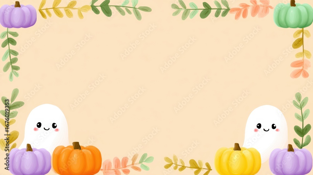 Fototapeta premium Halloween backgrounds spooky, A playful, colorful illustration featuring cute ghosts and pumpkins framed by autumn leaves, perfect for Halloween-themed designs.