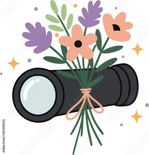 Flower Bouquet Monocular Botanical Appreciation Icon Vector