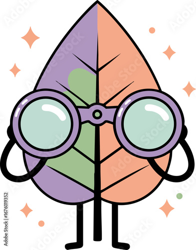 Nature Observer Leaf with Binoculars Funny Cute Vector Icon