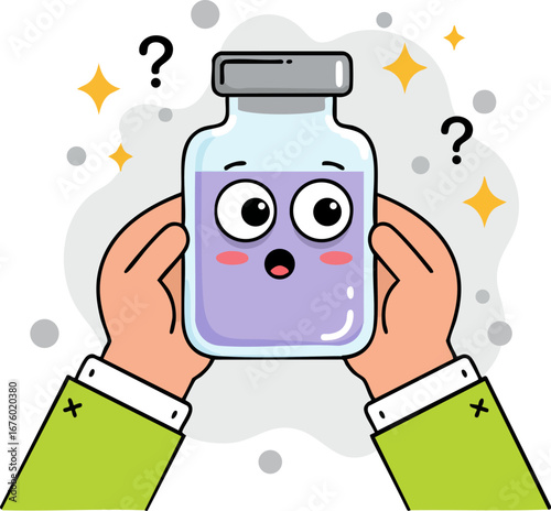 Hands Holding Potion Bottle with Question Marks Exploring Medical Mystery