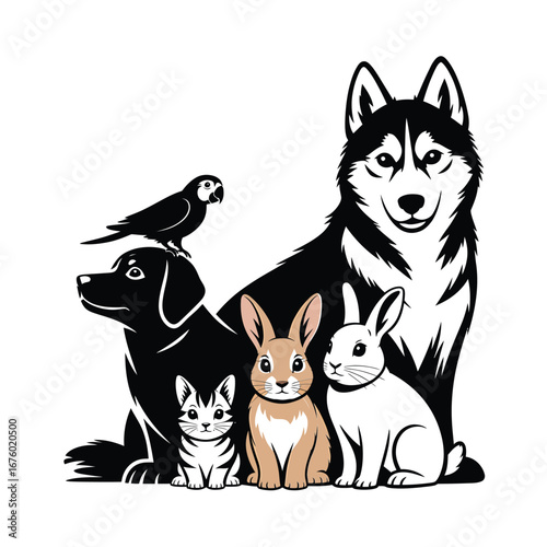 Diverse group of domestic animals together in a stylized illustration