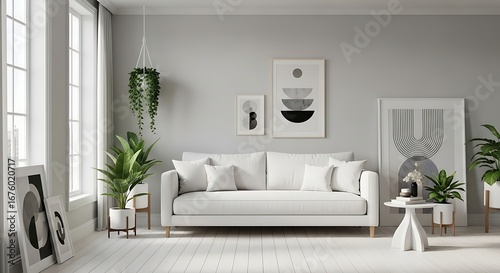Stylish living room with white sofa and plants.